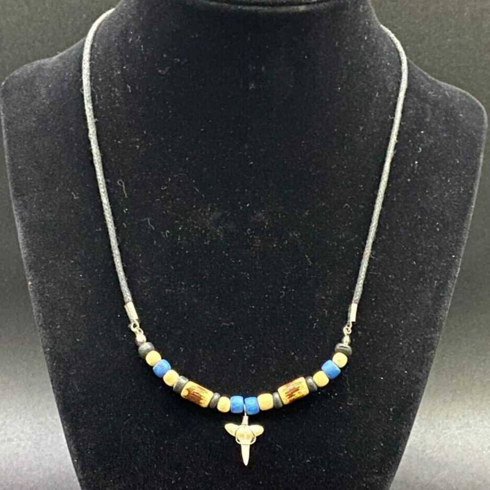 White Shark Tooth and Wood Beads On Black Cord Necklace